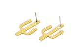 Brass Cactus Earrings, 8 Raw Brass Cactus Stud Earrings (25x14x0.80mm) A2632
