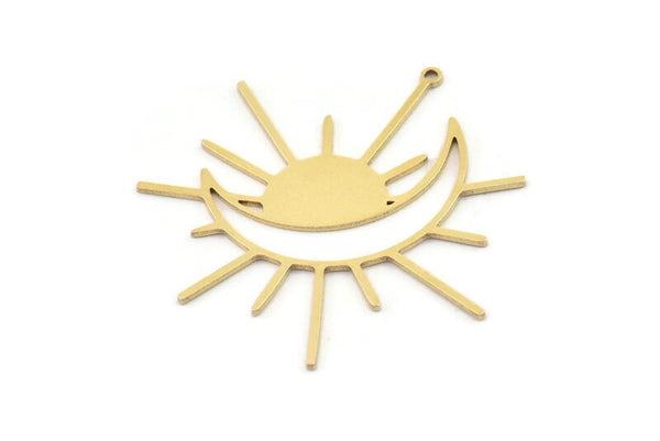 Brass Sun Charm, 4 Raw Brass Sun And Crescent Moon Shaped Charms With 1 Loop, Charm Pendants (44x0.80mm) SMP1175