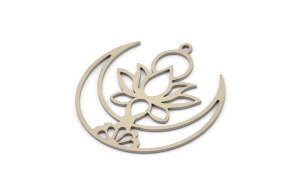 Steel Lotus Charm, 6 Stainless Steel Lotus Flower Charms With 1 Loop, Steel Moon Charms (34x33x0.80mm) SMP1127 A5726