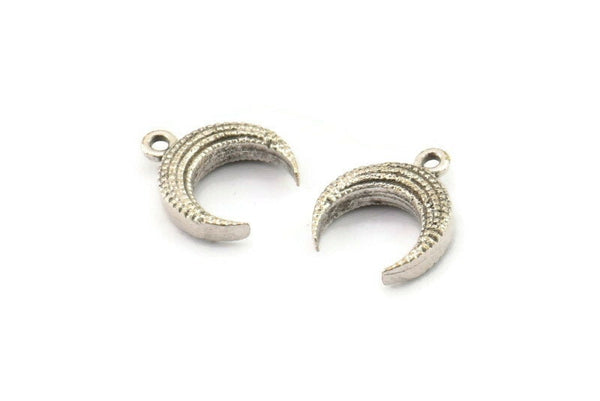 Silver Moon Charm, 4 Antique Silver Plated Brass Textured Horn Charms With 1 Loop, Pendant, Jewelry Finding (12x4x4mm) N0306