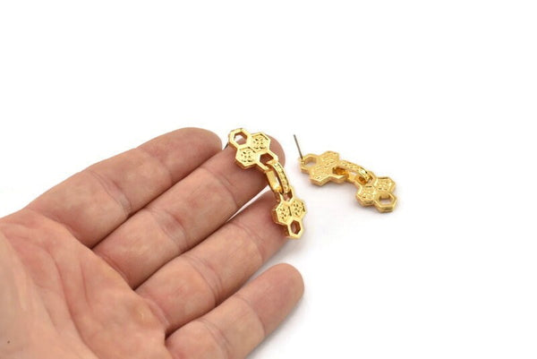 Gold Chain Earring, 2 Gold Plated Brass Hexagon Chain Stud Earrings N1824