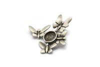 Silver Butterfly Pendant, 2 Antique Silver Plated Brass Butterflies With 8mm Stone Setting (28x29mm) N0375