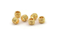 Tiny Textured Beads, 4 Gold Plated Brass Textured Tiny Beads (7x8mm) N0526