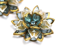 Blue Lucite And Brass Frame Caged Rhinestone Flower Flatback Beads, Cabochons 39 Mm Lb07