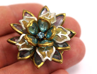 Blue Lucite And Brass Frame Caged Rhinestone Flower Flatback Beads, Cabochons 39 Mm Lb07