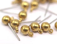 25 Earring Posts with Raw Brass Ball Pad and 5 mm Hole Hook   A0394