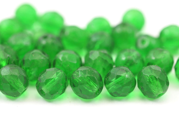 10 Vintage Green Czech Glass Round Faceted Beads Cf-5765