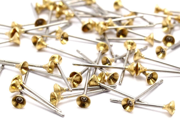 tainless Post with Cup Pad, 100 Stainless Steel Earring Posts With Raw Brass 3mm Cup, Bowl Pad, Ear Stud Bs 1243--Y030