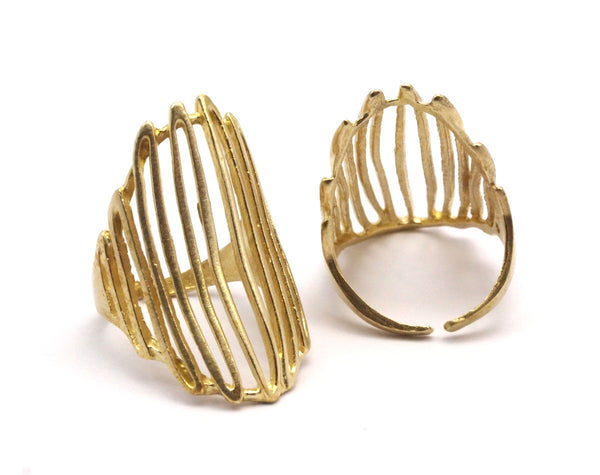 Brass Cage Ring - 4 Raw Brass Adjustable Cage Rings Mn76