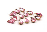 5 Rose Pink Swarovski Crystal Drop with Raw Brass Prong Setting 13x8 mm   Y310