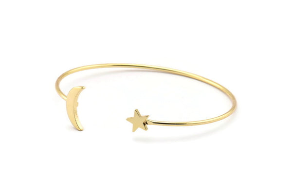 Gold Moon Star Cuff, 1 Gold Lacquer Plated Brass Open Bangles With Moon And Star Ending BS 2028 Q0008