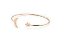 Rose Gold Moon Star Cuff, 1 Rose Gold Lacquer Plated Brass Open Bangles With Moon And Star Ending BS 2028 Q0008